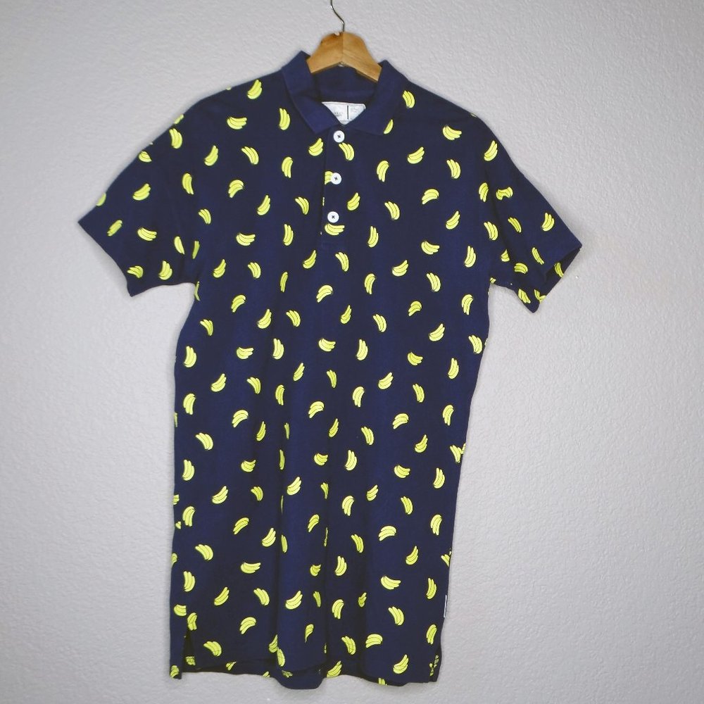 Chocoolate Banana Print Navy Blue Polo Shirt Size XS Unique! Men's
